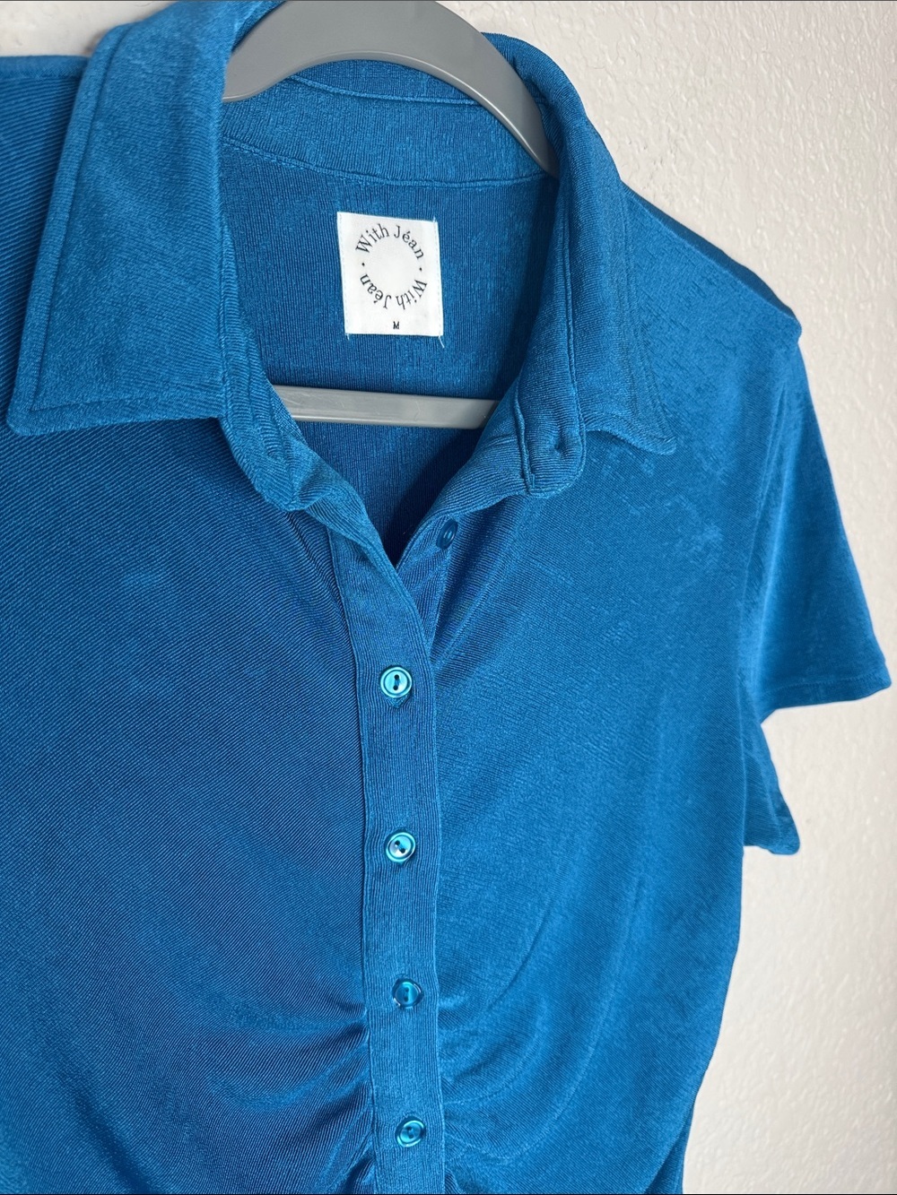 With Jean Alexa Electra Blue Mini Dress Medium Button Ruching - Picture 4 of 7